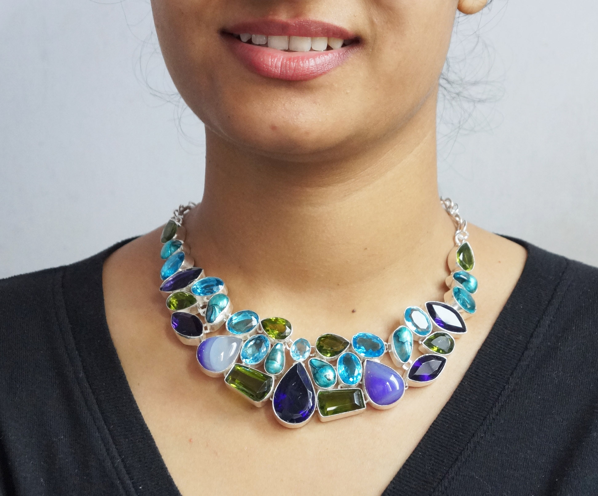 Beautiful Chunky Silver Necklace Studded With Genuine Multi Color